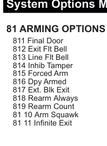 81 Arming Options sub-menu tree