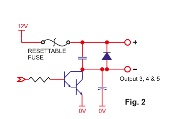 Fig. 2 -- Open Collector circuit diagram with resettable fuse, 12V supply, and bipolar transistor