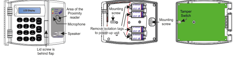 RF-RKP front view, battery compartment, and PCB layout