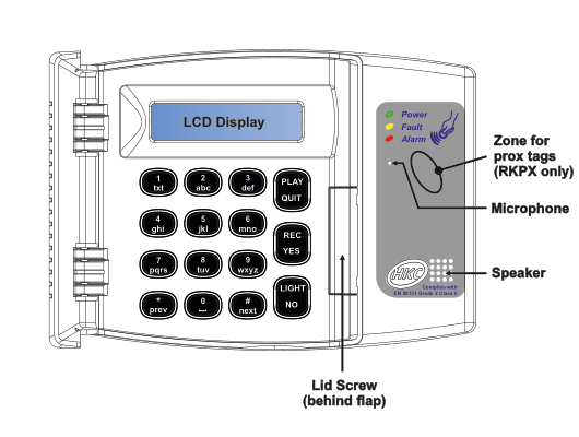Remote keypad front view showing LCD display, button layout, status LEDs, EN 50131 badge, microphone, speaker, zone for prox tags, and lid screw