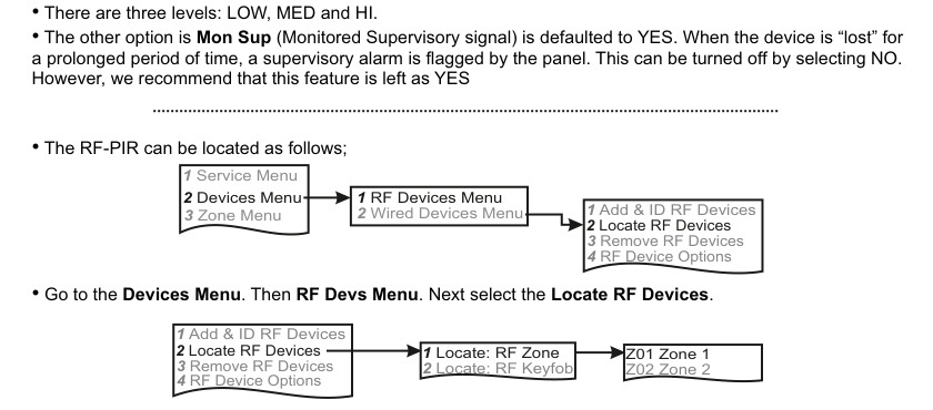 Locate RF Devices — navigation path and zone selection