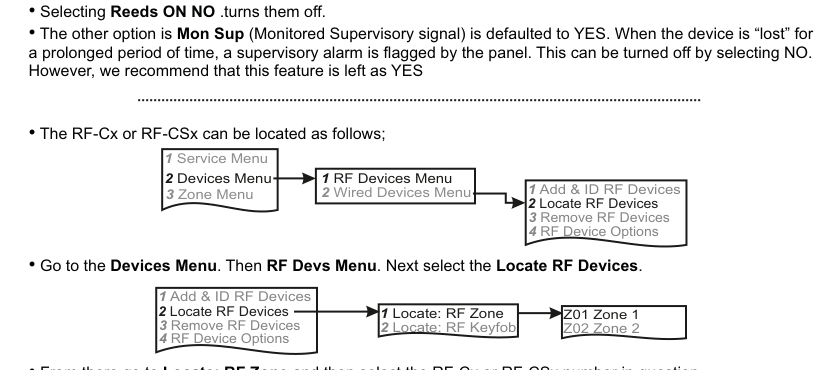 Locate RF Devices — navigation path and zone selection