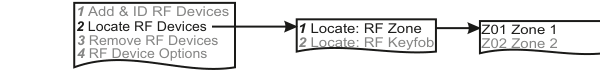 Locate RF Devices — sub-menu and zone selection