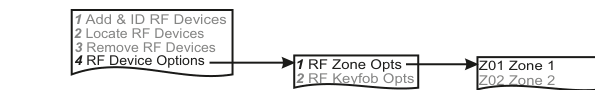 RF Device Options — sub-menu showing RF Zone Opts and zone selection