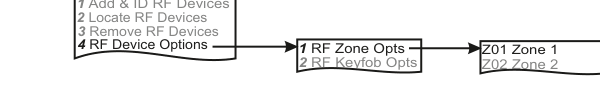 RF Device Options — sub-menu, zone options, and zone selection
