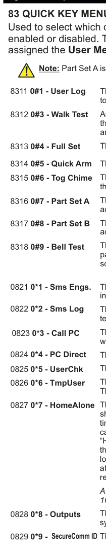 83 Quick Key Menu listing