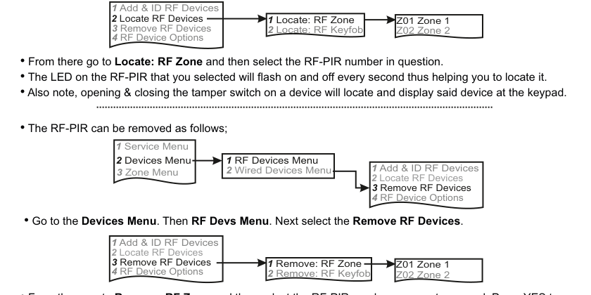 Remove RF Devices — navigation path and zone selection