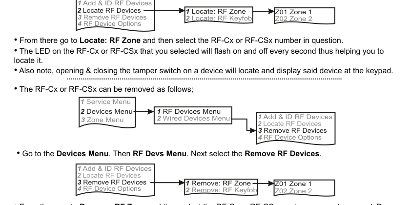 Remove RF Devices — navigation path and zone selection
