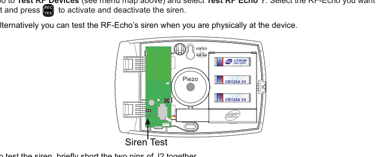 Siren test — J2 short-circuit test point on PCB