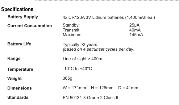 Specifications table